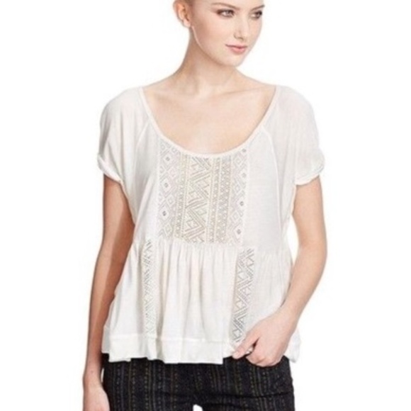 Free People Tops - Free People White Boho Embroidered Beaded Peplum